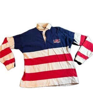 Large Excitement USA Red White Blue Striped Long Sleeve Polo Shirt Vintage USA